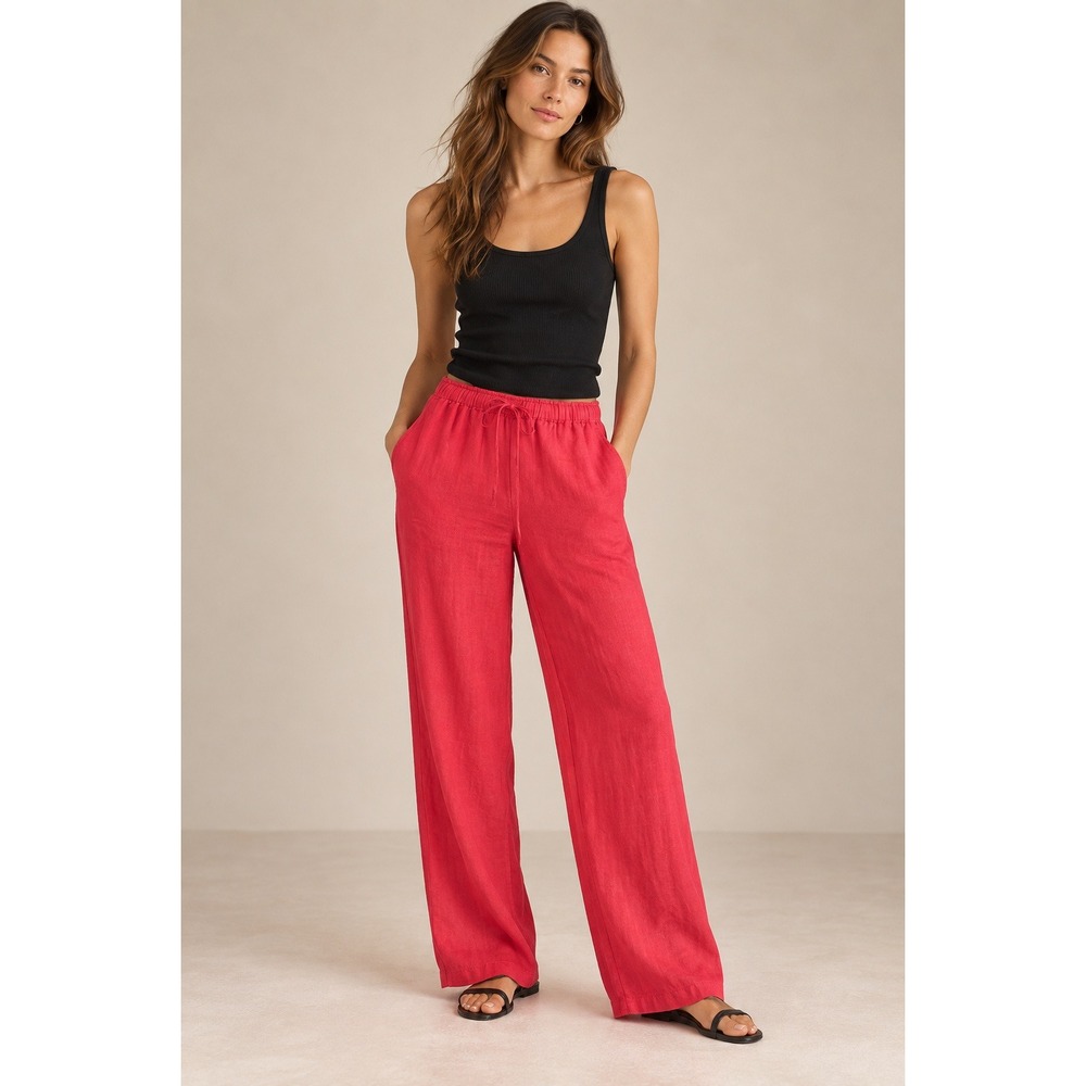 J.Crew Seaside Pants Womens Large Tall Red Linen Wide Leg Drawstring CI941 NEW